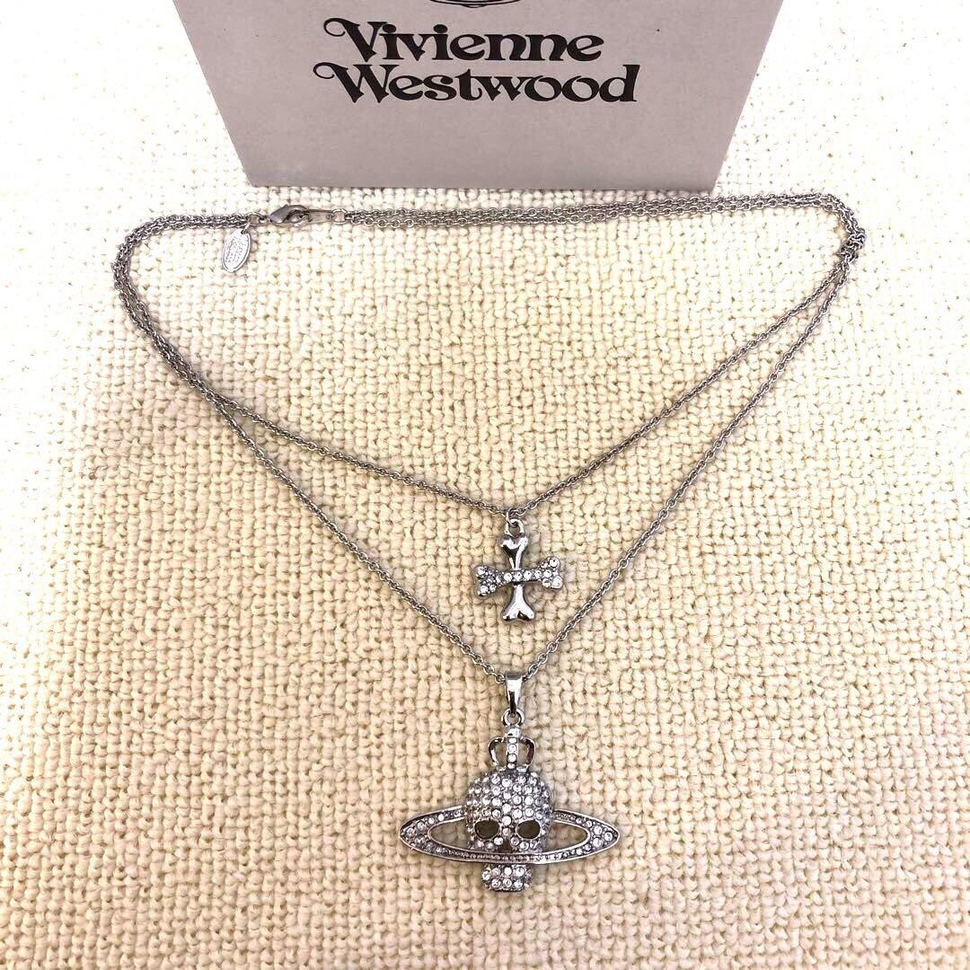 Vivienne Westwood Skull Orb Stone Double Chain Necklace Silver with drawstring