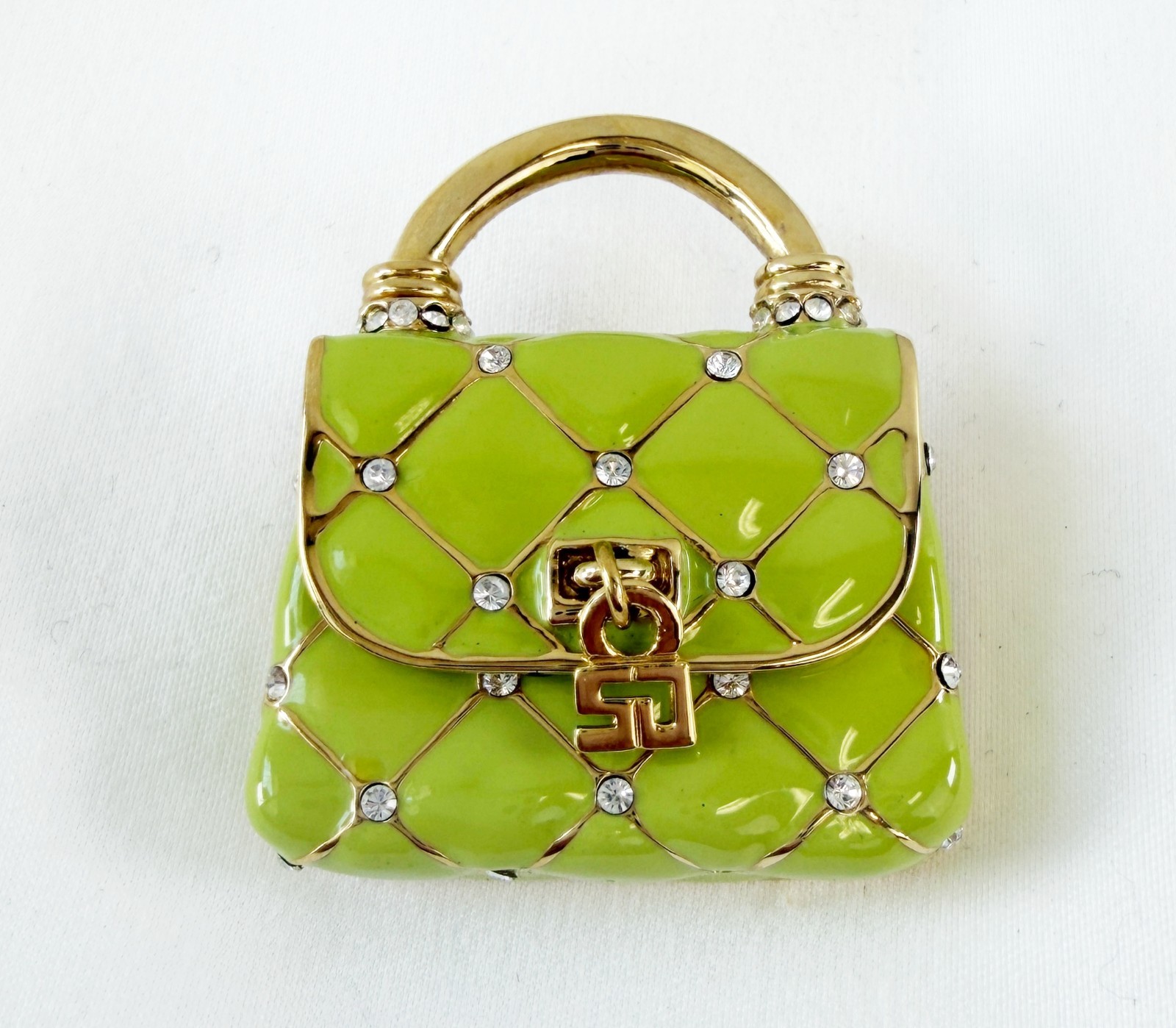 NEW ST. JOHN Handbag Mini Brooch Pin Green Enamel Crystals 24KGP Logo Enhancer