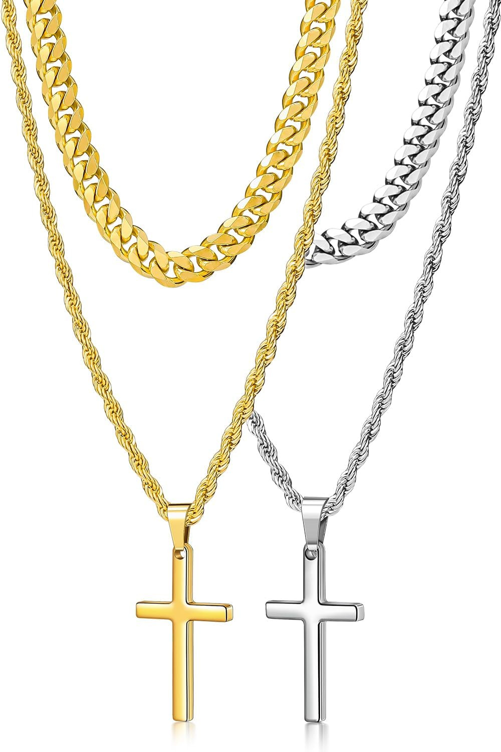 4Pcs Cross Necklace for Men Teen Boys,Stainless Steel Chains for Men Layered Nec