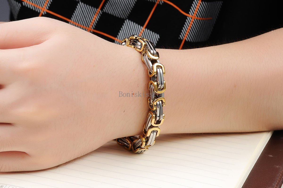 Silver Gold Black Tone Square Byzantine Stainless Steel Bracelet Mens Boys Chain