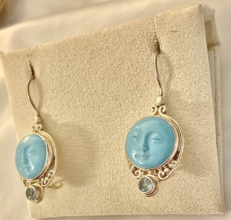 Sajen 925 Sterling Silver Carved Turquoise, Aquamarine Accent Moon Face Earrings