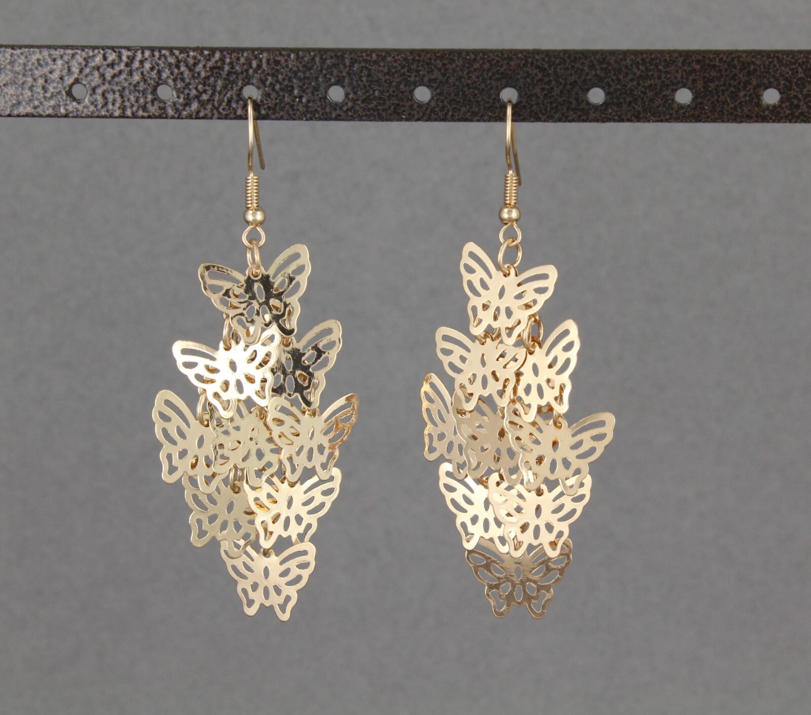 Gold chandelier earrings filigree butterfly dangle pendant wiggly 3″ long