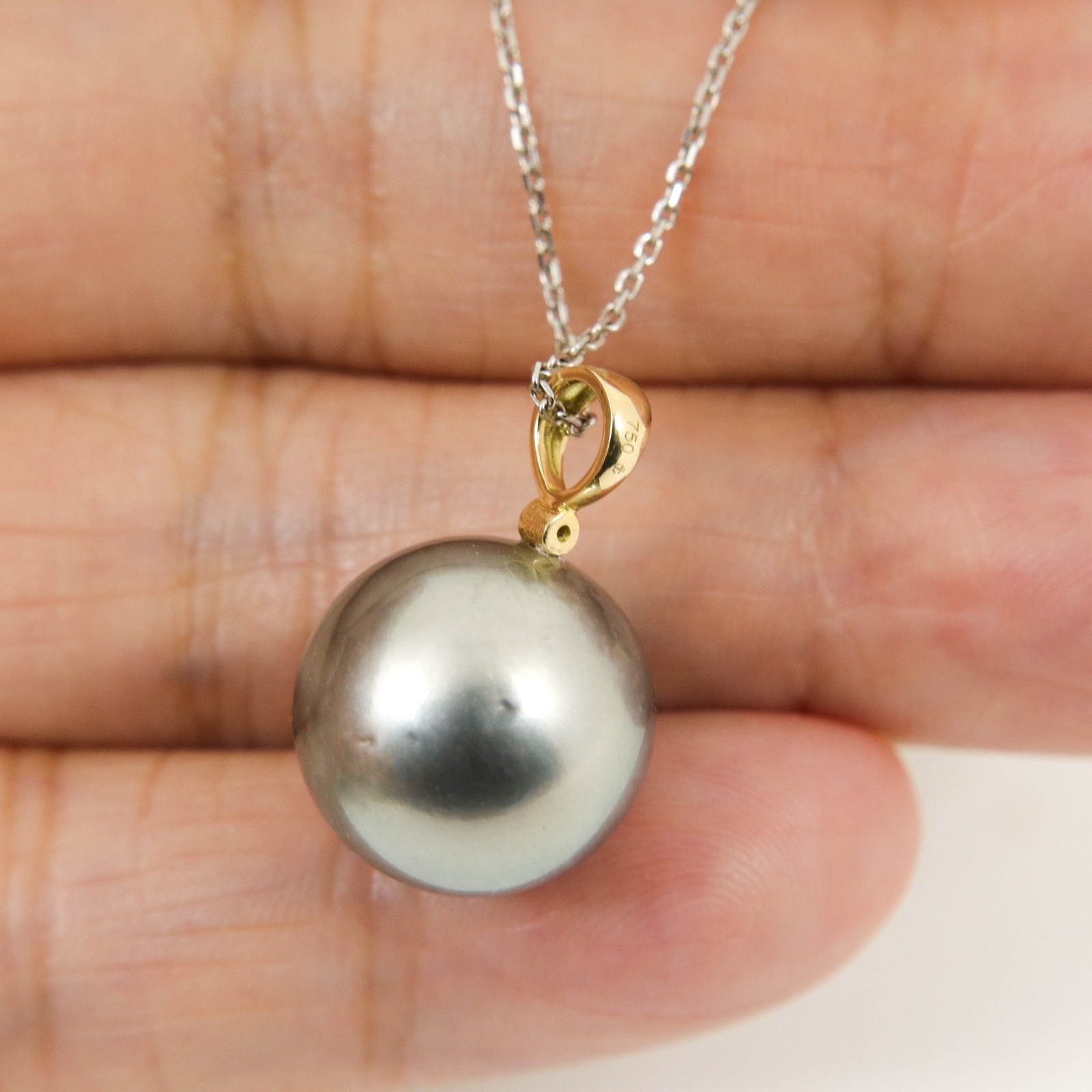 Massive 14.7mm Genuine Tahitian Pearl Pendant,18K Solid Gold Diamond Bail #P6183
