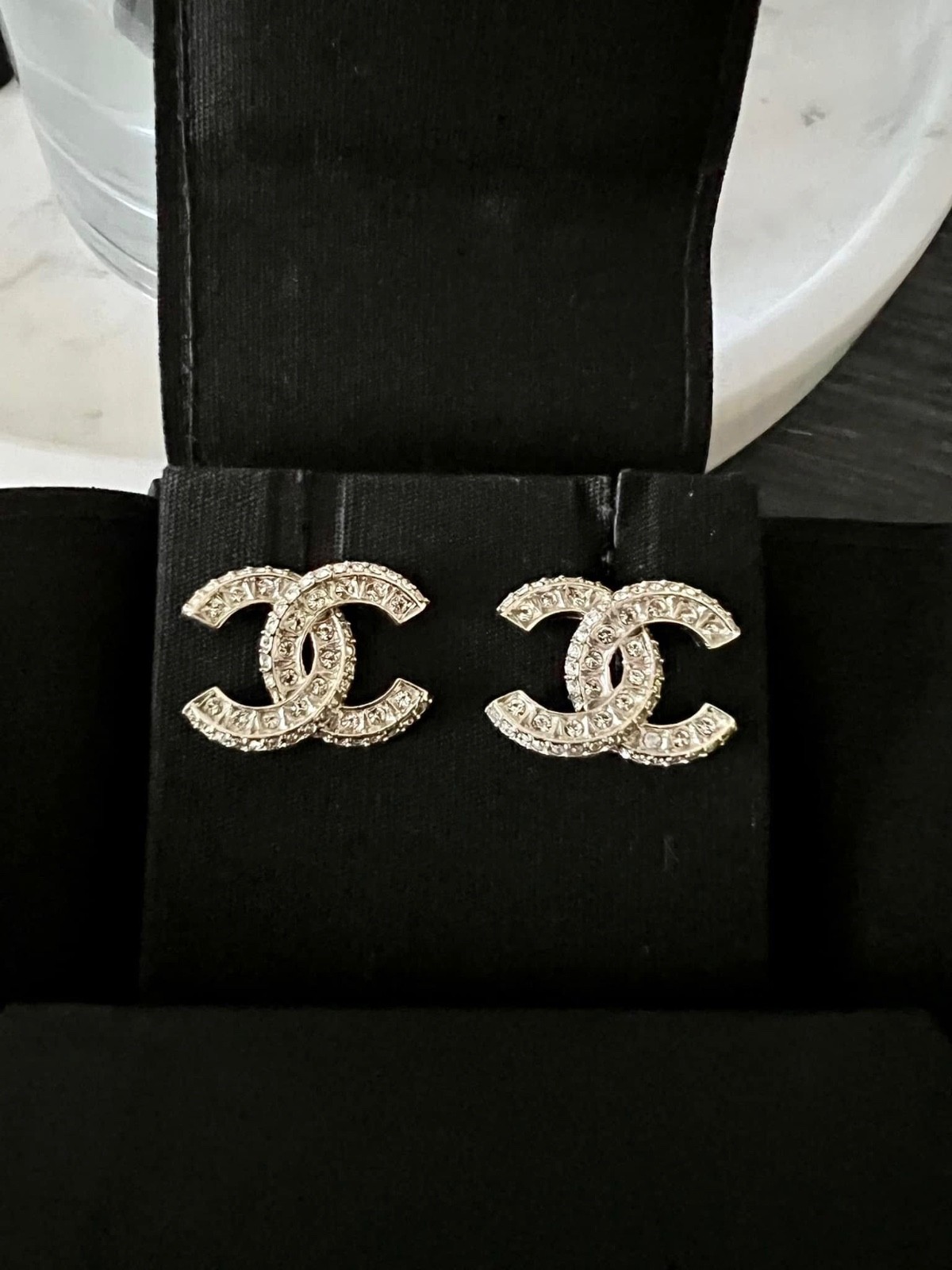 Chanel Crystal Timeless CC Earrings Light Gold