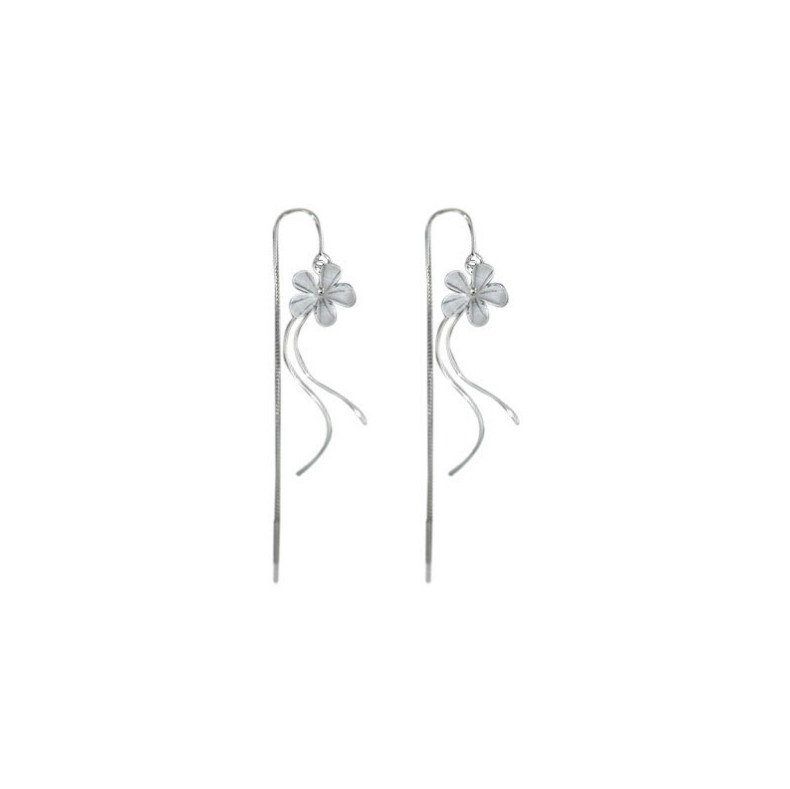 925 Sterling Silver White Flower Dangle Drop Pull Through Threader Earrings PE48