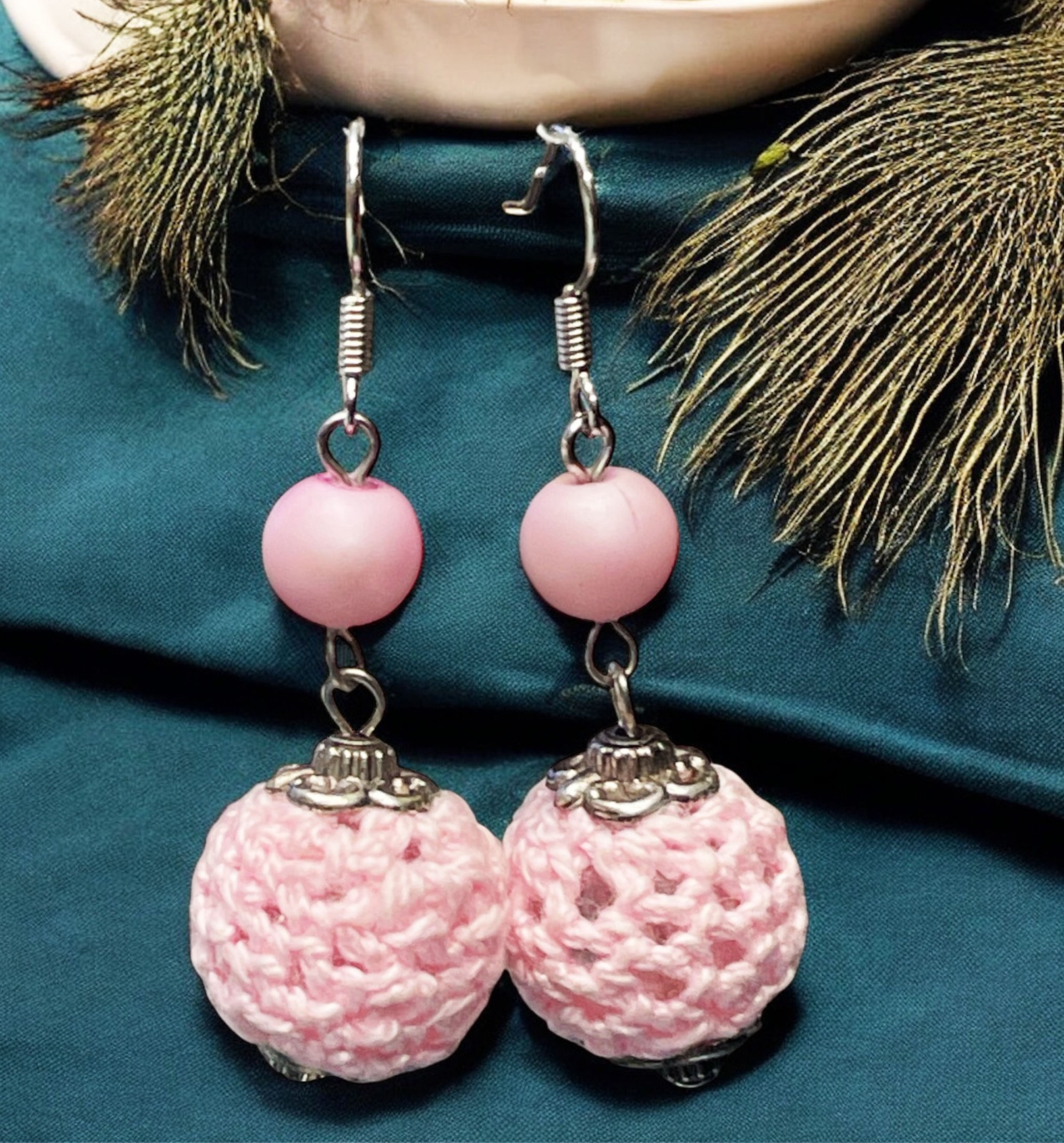 Crocheted Bead with Glass Earrings Handmade Dangle Jewelry FREE SHIPPING