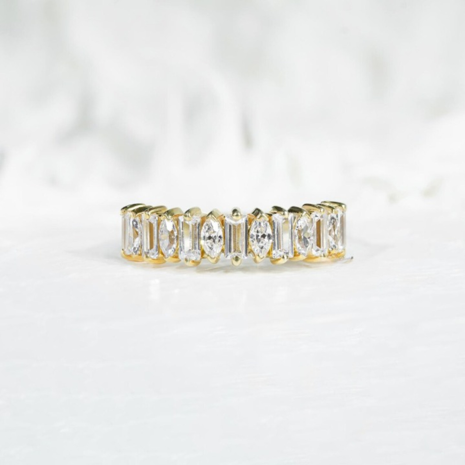 Solid 14k Yellow Gold 2.50mm Baguette & Marquise Lab Grown Diamond Wedding Band