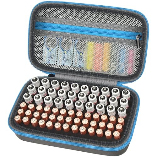 Battery Organizer Case for AA AAA Batteries, Storage Holder Box with Mesh Blue
