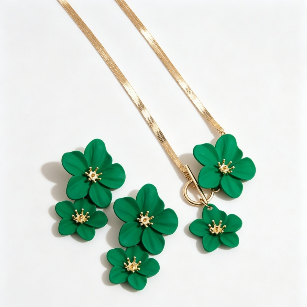 Green Double Flower Gold Plated Flat Snake Chain Necklace & Earring Jewelry Set