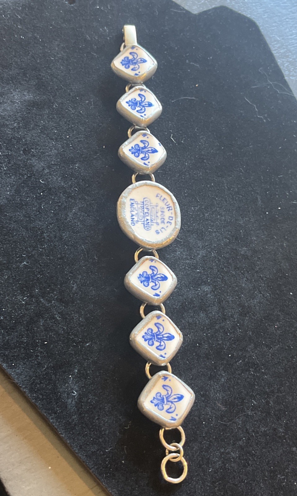 Vtg Spode Fleur De Lis Copeland Bracelet Sterling Silver Ceramic Blue White Rare