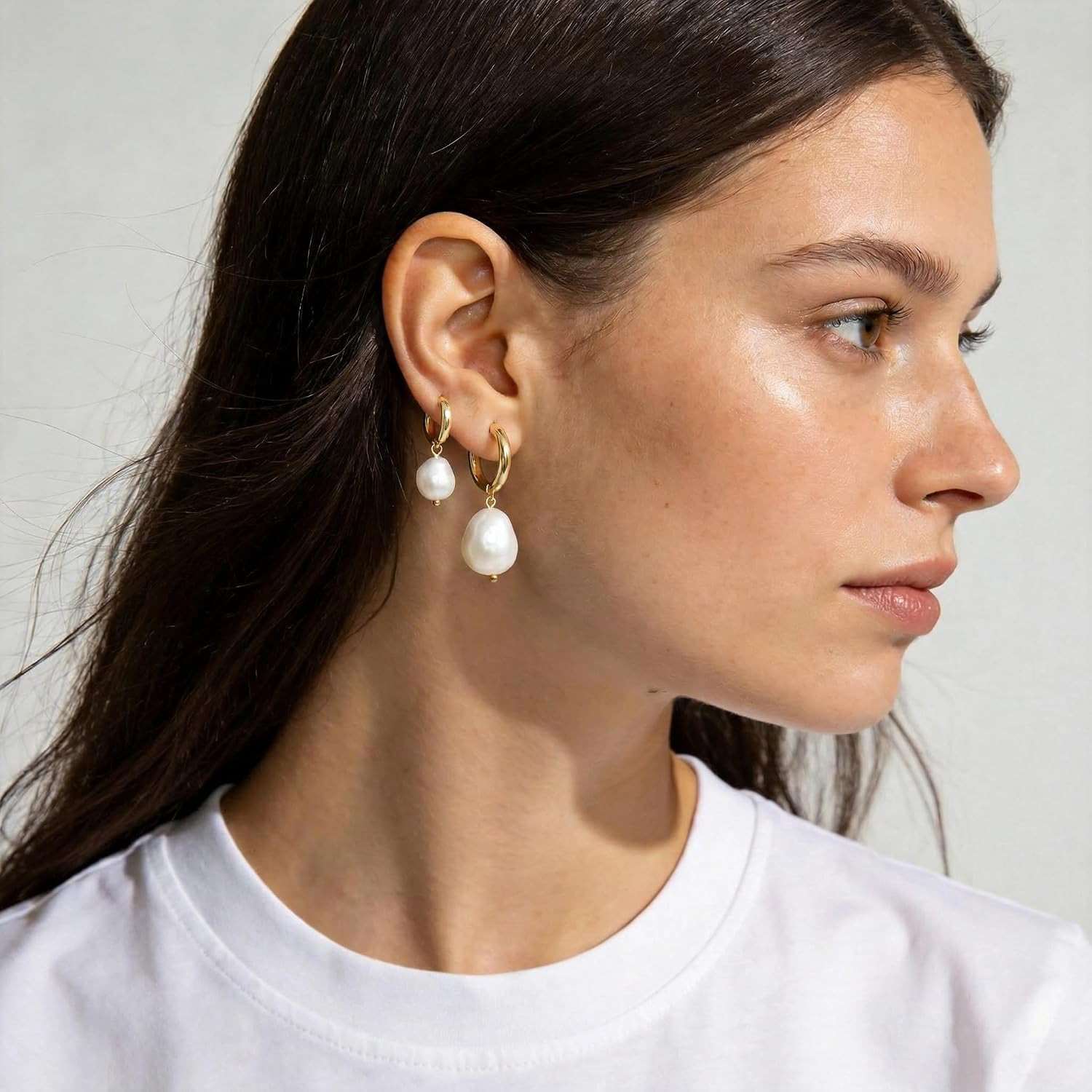 3 Pairs Huggie Hoop Pearl Earrings for Women, 14K Gold Plated Drop Dangle Earrin
