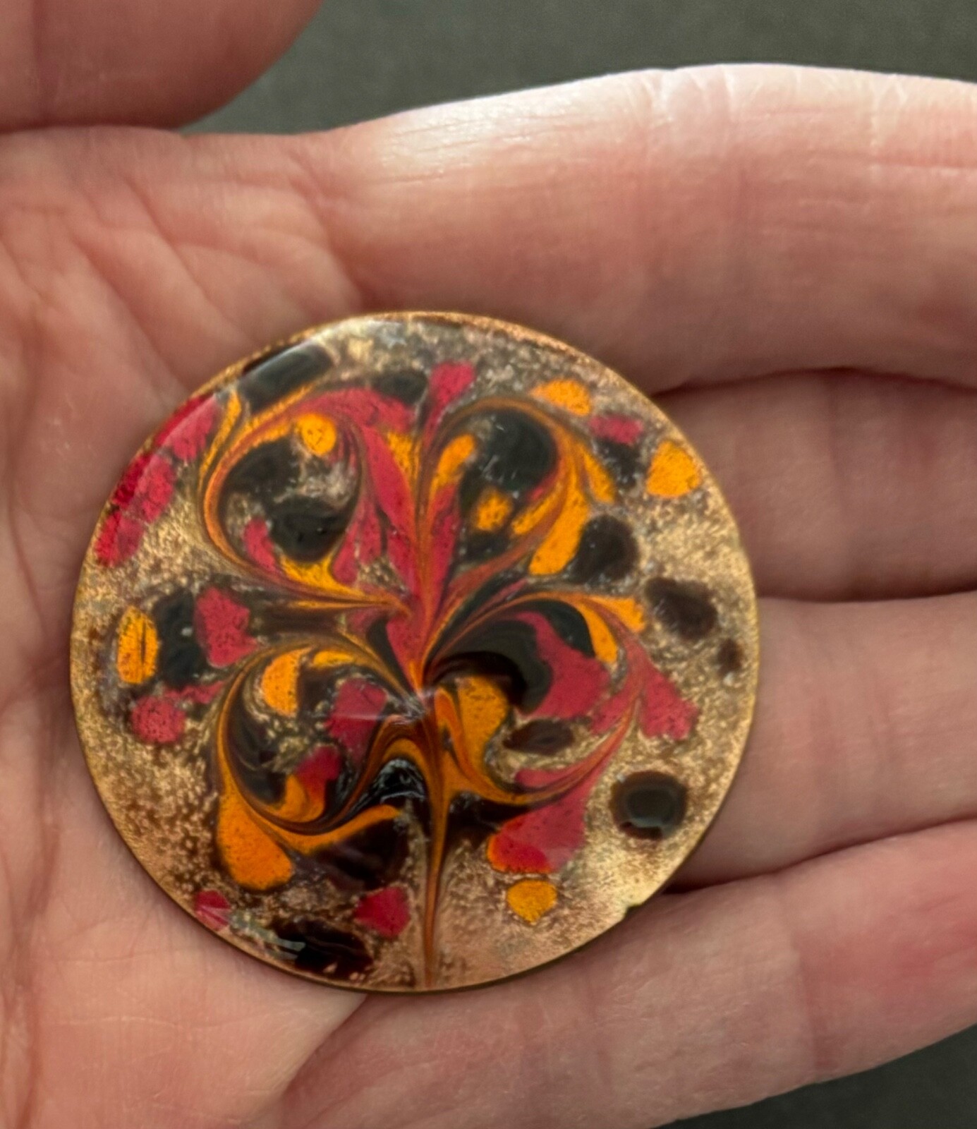 Vintage Inga Enamel Copper Pin Round Red Orange Black Swirl Artisan Signed 1.75″