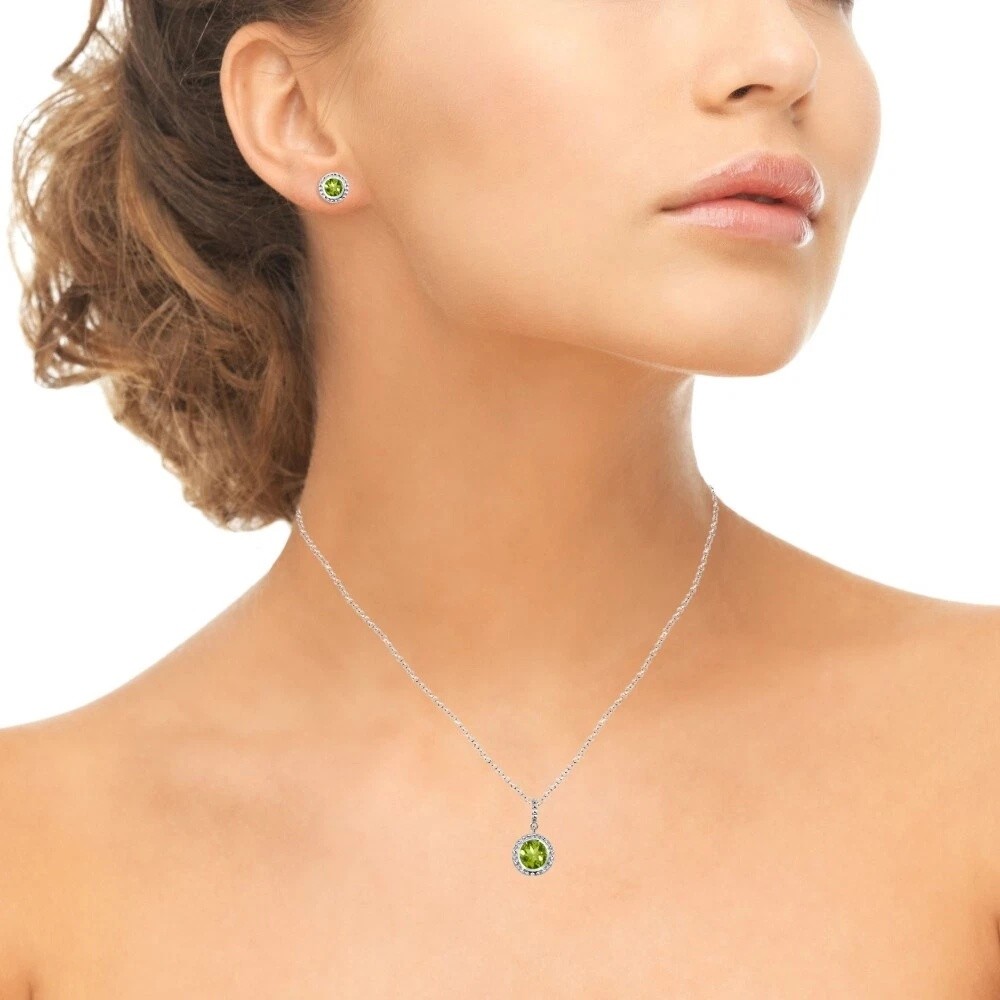 6mm Round Peridot Halo Bezel-Set 925 Silver Pendant Necklace & Stud Earrings Set