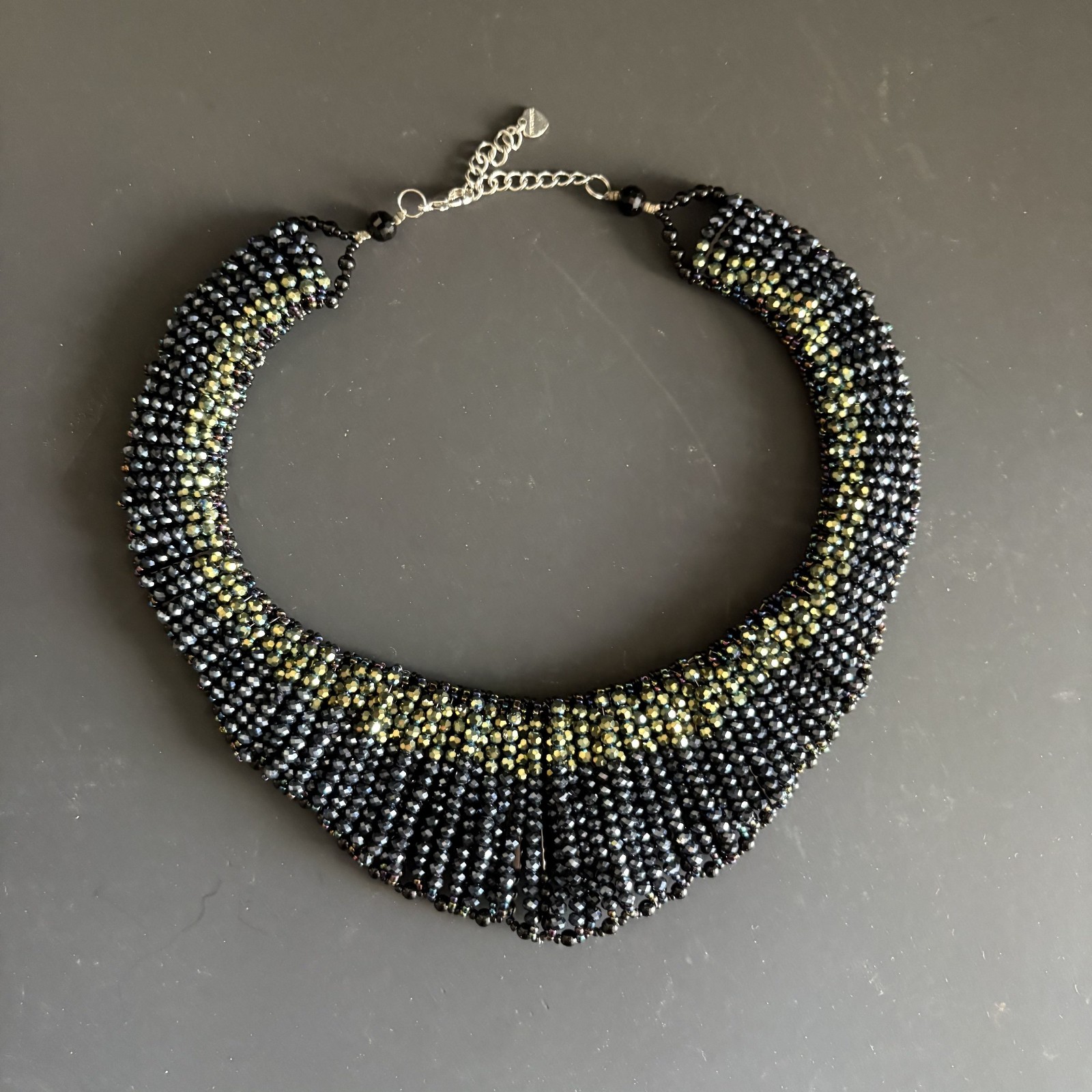 Beaded Bib Statement Waterfall Dark Iridescent Beaded Necklace – Heart Charm