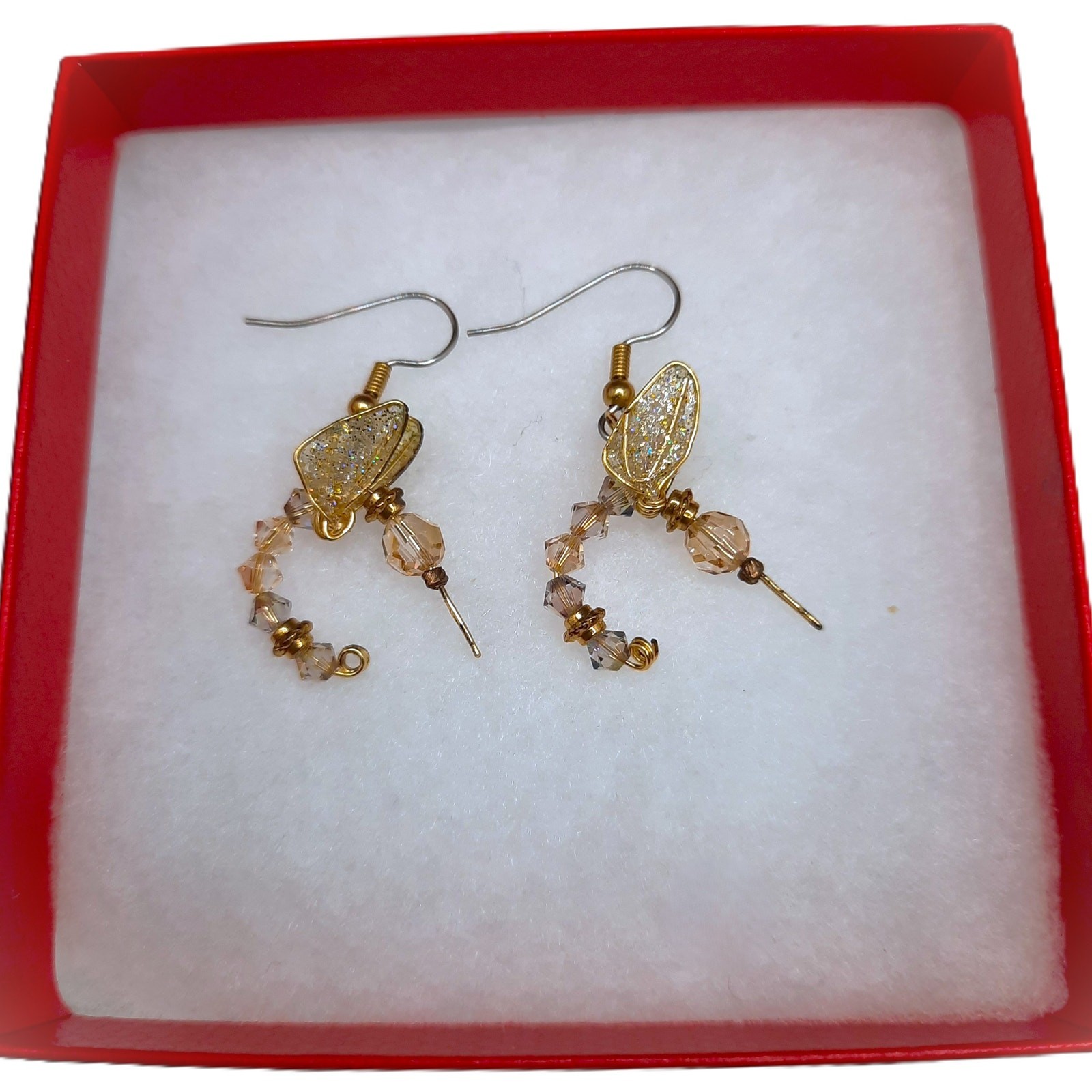 Artisan Made Whimsical Hummingbird Earrings Champagne Crystals Gold Tone RARE