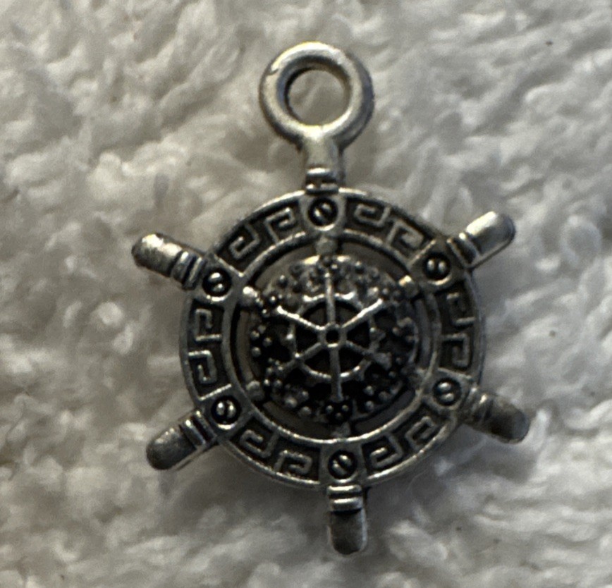 2 sided sterling silver Ship Wheel Nautical Charm Pendant Sailor Marine vtg
