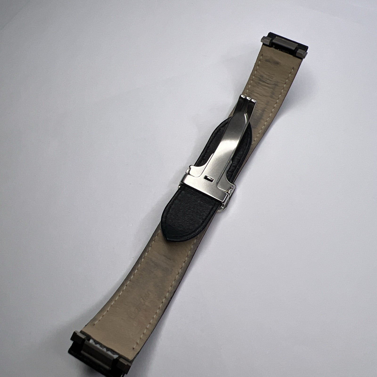 19mm Cartier Black Ridged Leather Strap Band 18mm Steel Foldover Deployant Clasp