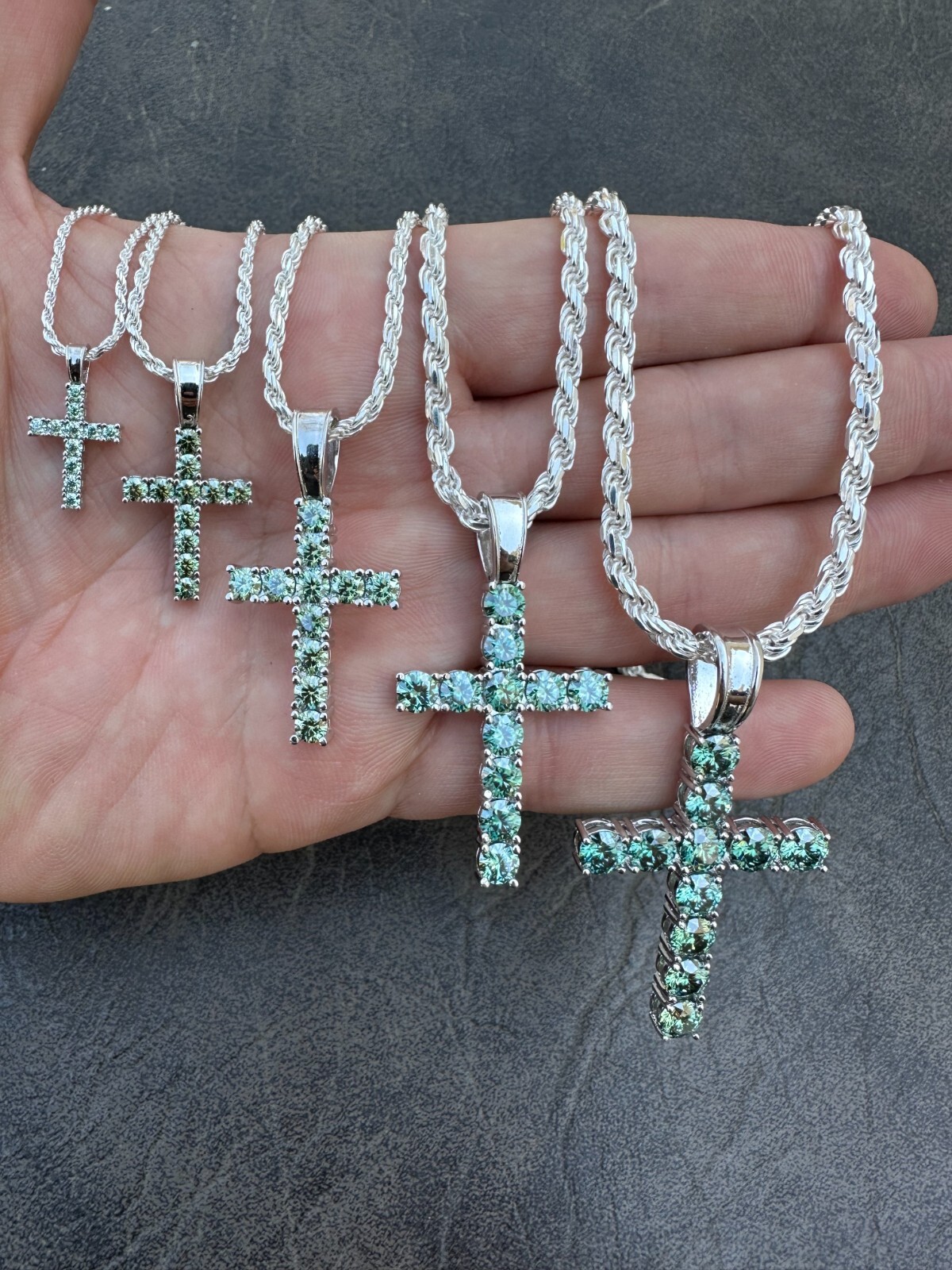 Green Blue MOISSANITE Real 925 Silver Tennis Cross Iced Pendant Necklace Hip Hop