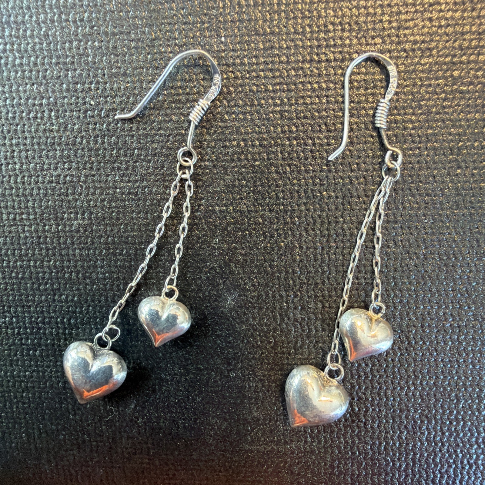Double Hearts on Chains 925 Silver Dangle Earrings