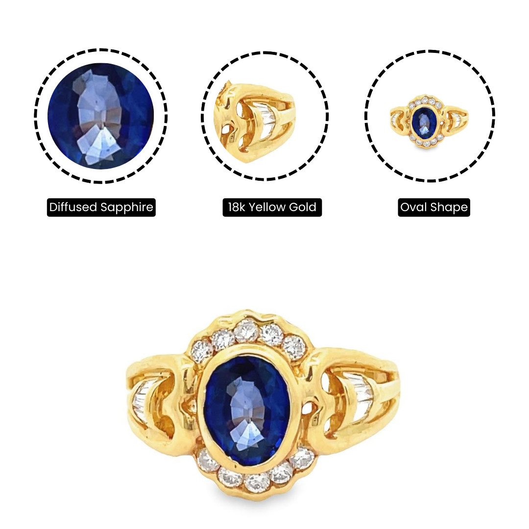 AIG Certified 2.27 CT Diffused Sapphire Diamond Ring Oval Cut 18K Yellow Gold