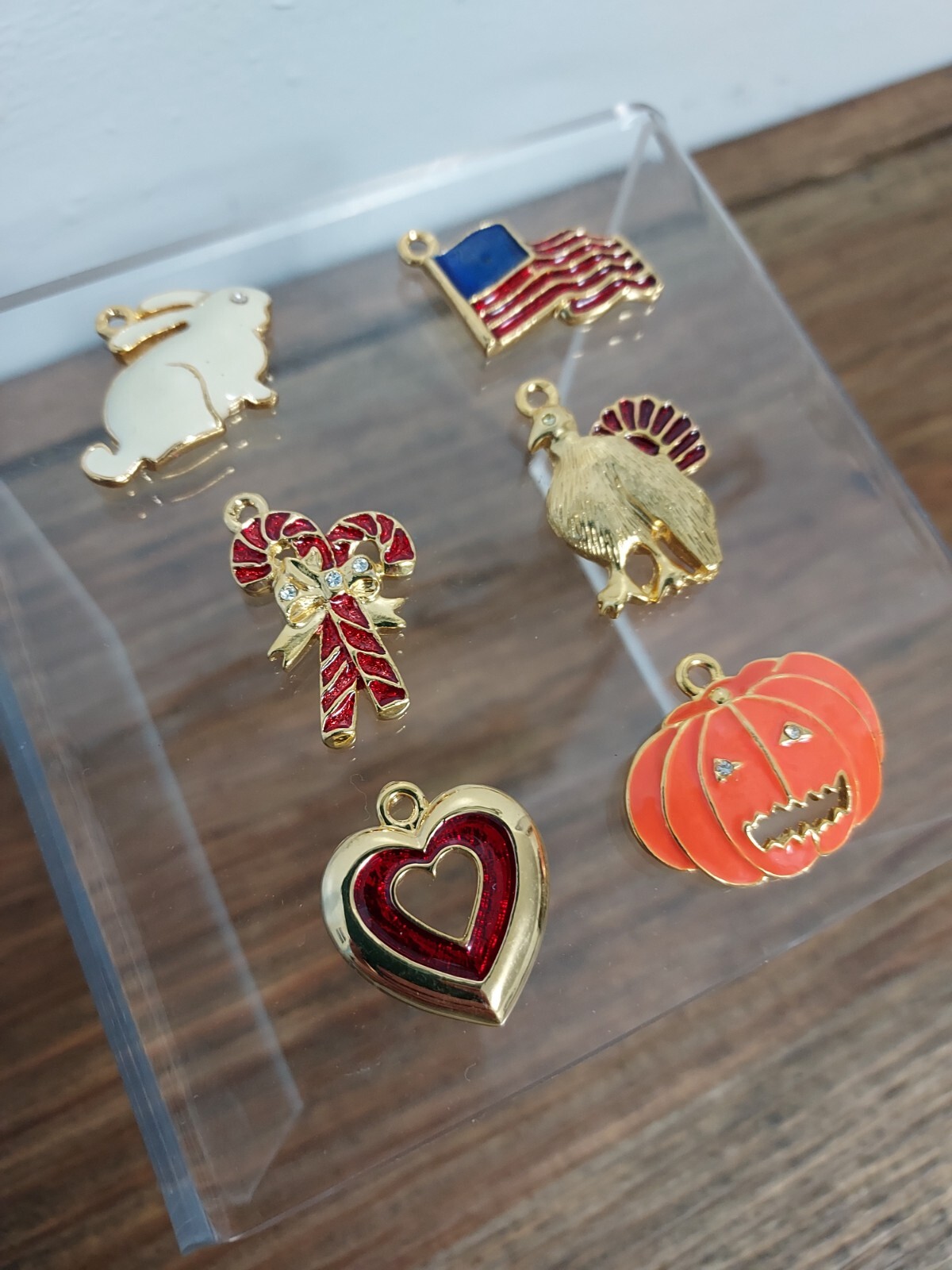 Holiday Pendants Lot of 6 Gold-tone Enamel Color Halloween Christmas Easter more