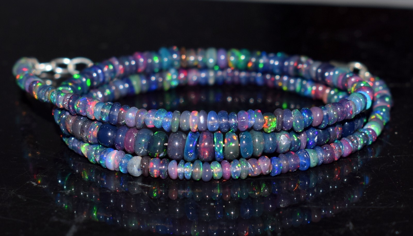 16”Natural Ethiopian Black Opal 925 Sterling Silver Roundel beaded Necklace