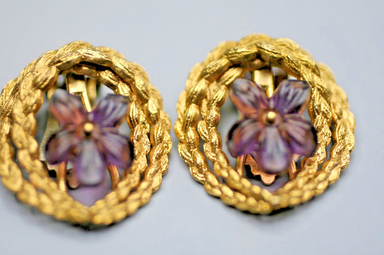 Gold Tone Flower Clip On Earrings Pansy Large Statement Made in Germany 40s R16