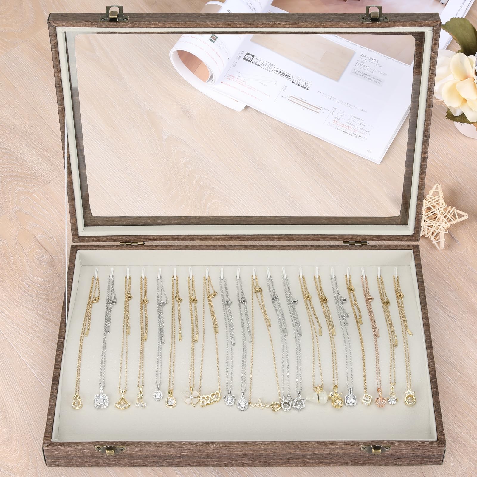 KUKUVR 20 Hooks Velvet Necklace Organizer Box (Wood Style) Wood Style