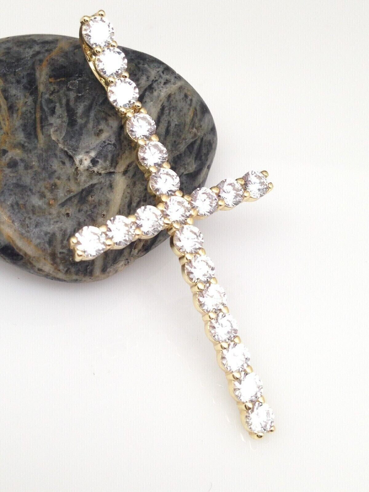 Men 925 Sterling Silver CZ Long Tennis Cross Pendant Gold Cross 1.77″/2.36″