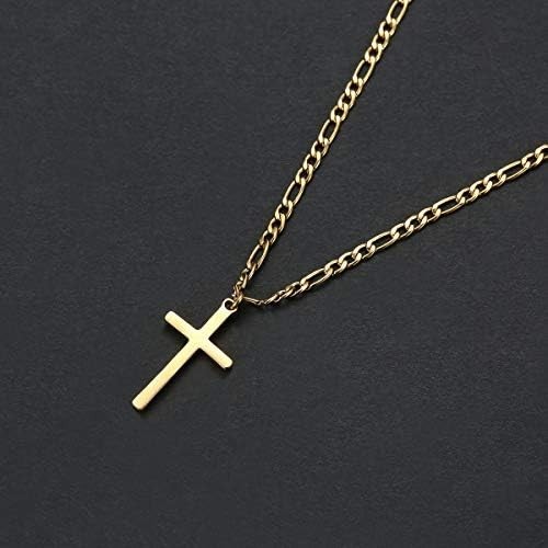 Collar Cruz de Oro Laminado para Hombre Cadena Figaro Acero Inoxidable Cruz 14K