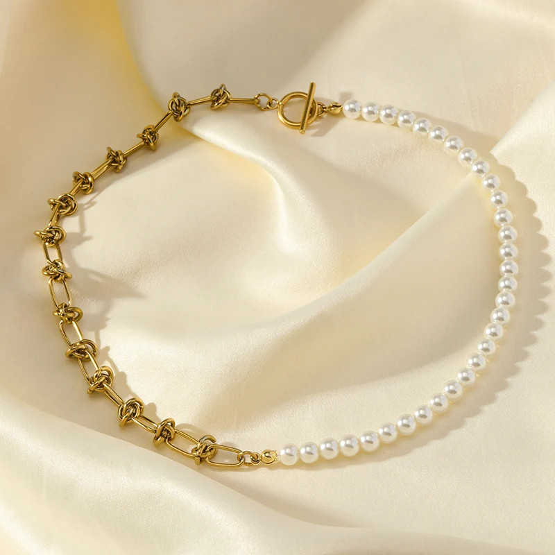 Gold & Pearl Stainless Steel Statement Necklace