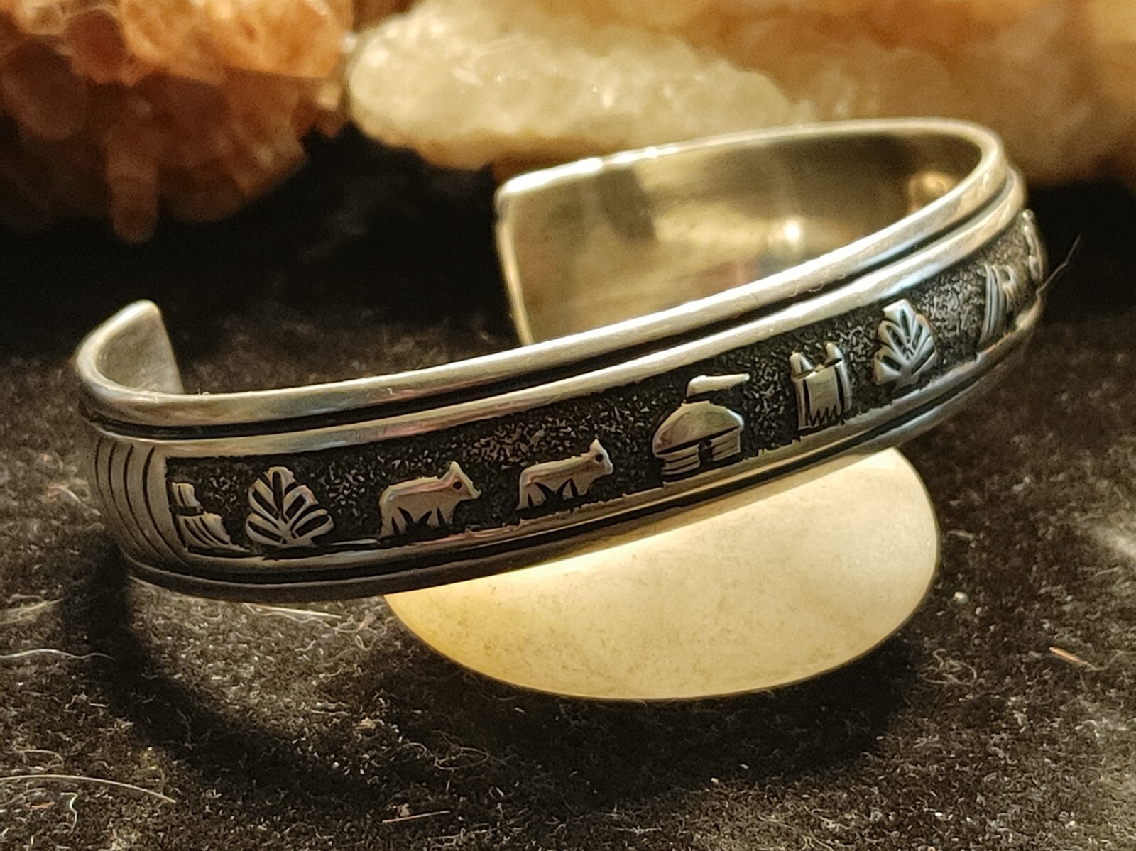 Tommy Singer Navajo, Sterling Silver Overlay Storyteller Cuff Bracelet