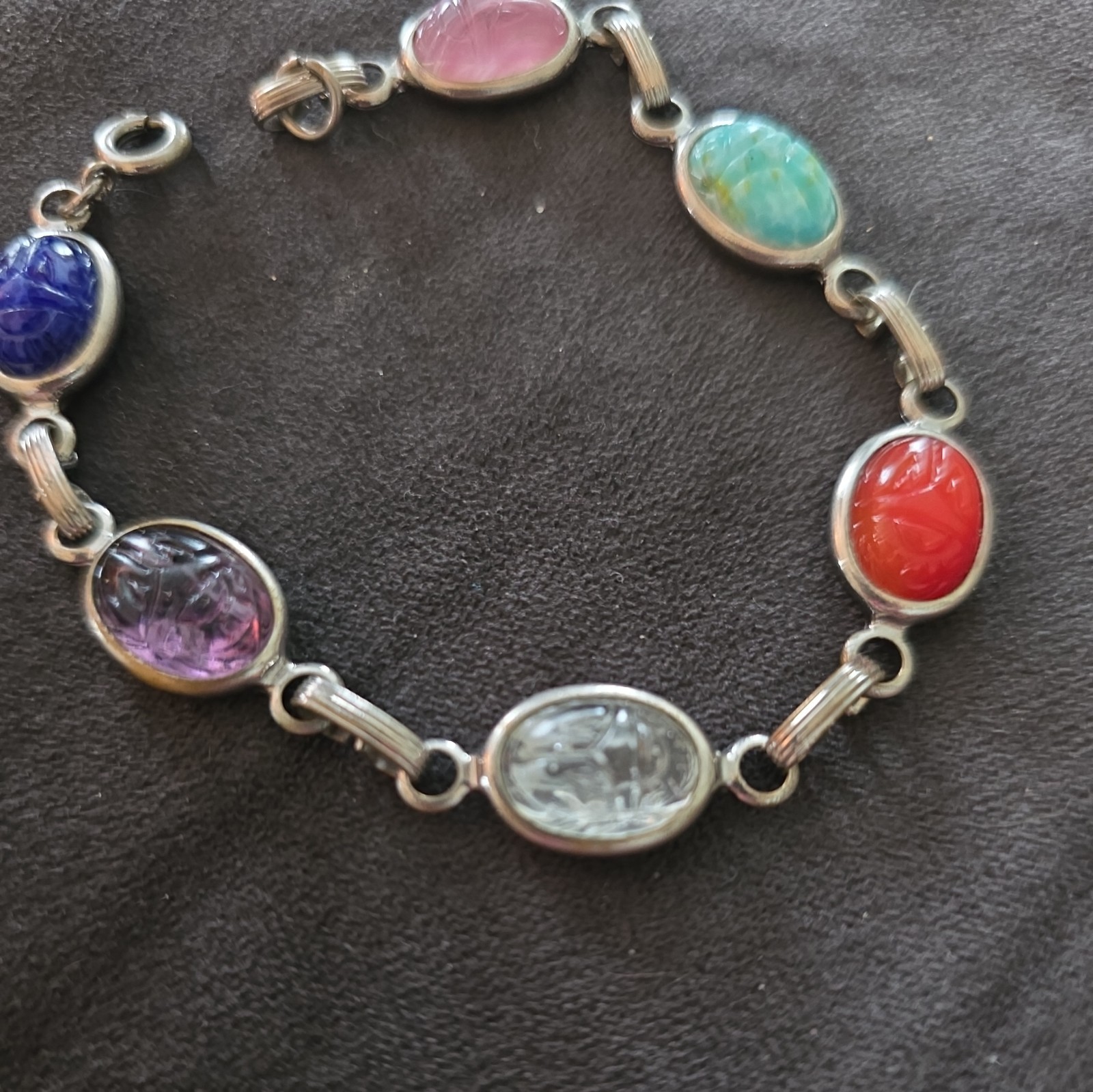 Scarab Beetle Bracelet White Gold Filled Carved Stone Multi-stone Vintage 7.5”