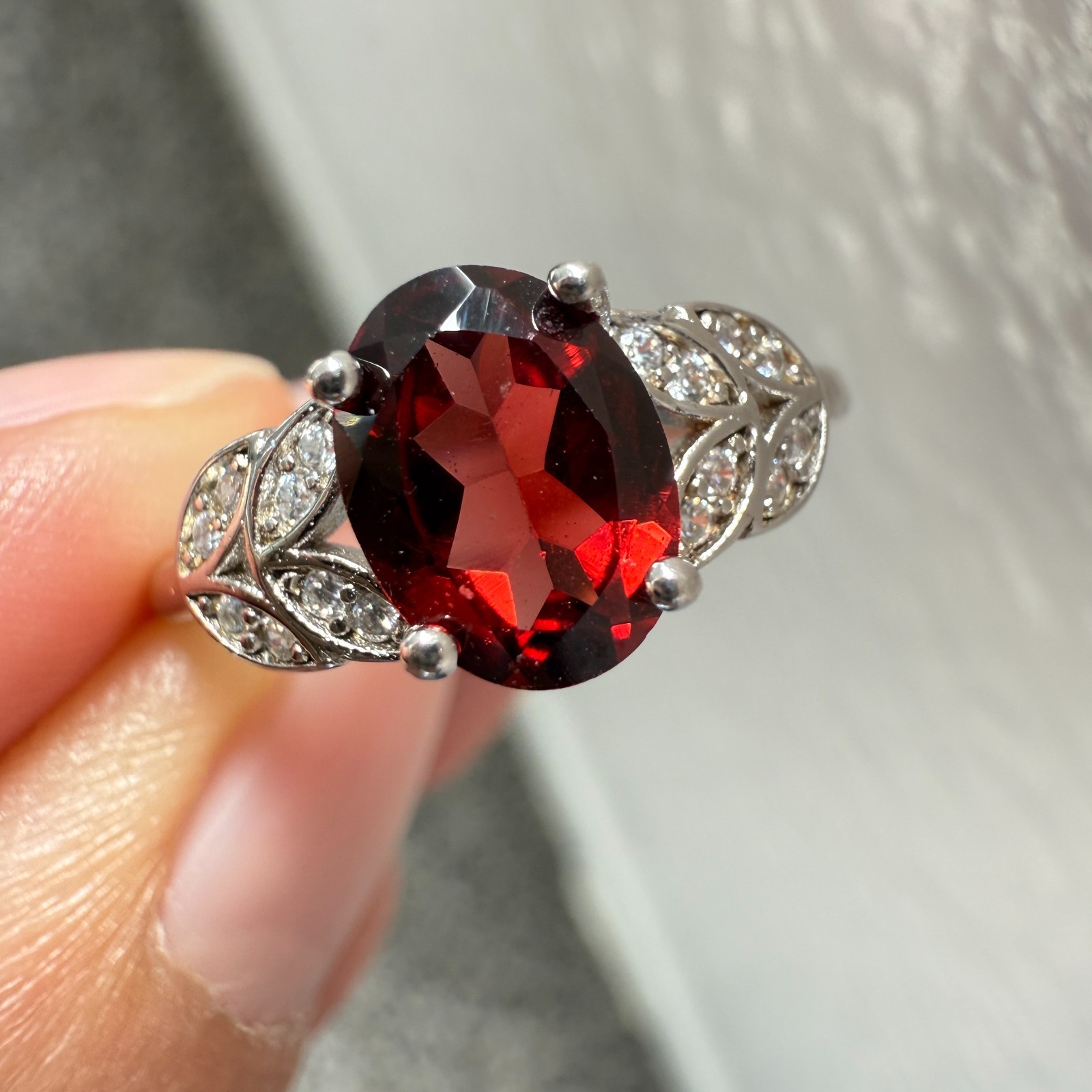 925 Sterling Silver Ring 8x6mm Natural Rhodolite Garnet Gemstone Zircon Flower