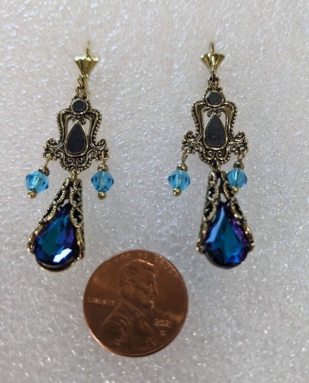 Victorian Style Chandelier Earrings Iridescent Blue Crystals Drop FREE SHIPPING