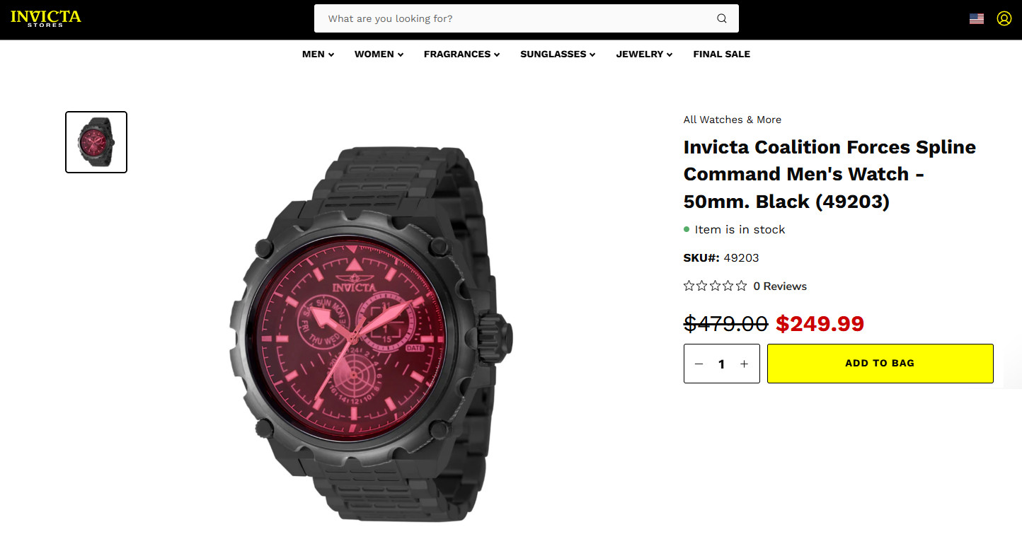 Invicta Coalition Forces Spline Mens Watch 50mm Black w/ Red Iridescent Dial NEW