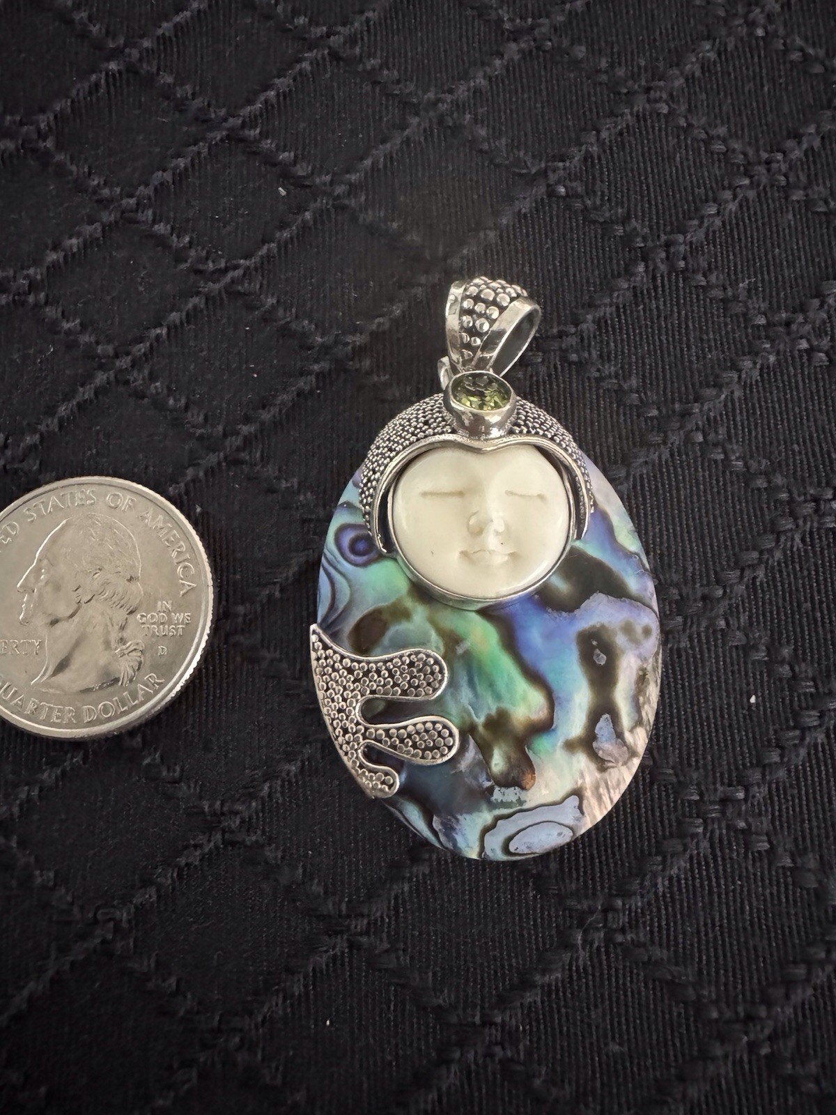 Sterling Silver Marked 925 Oval Abalone, Pendant, Bali Goddess