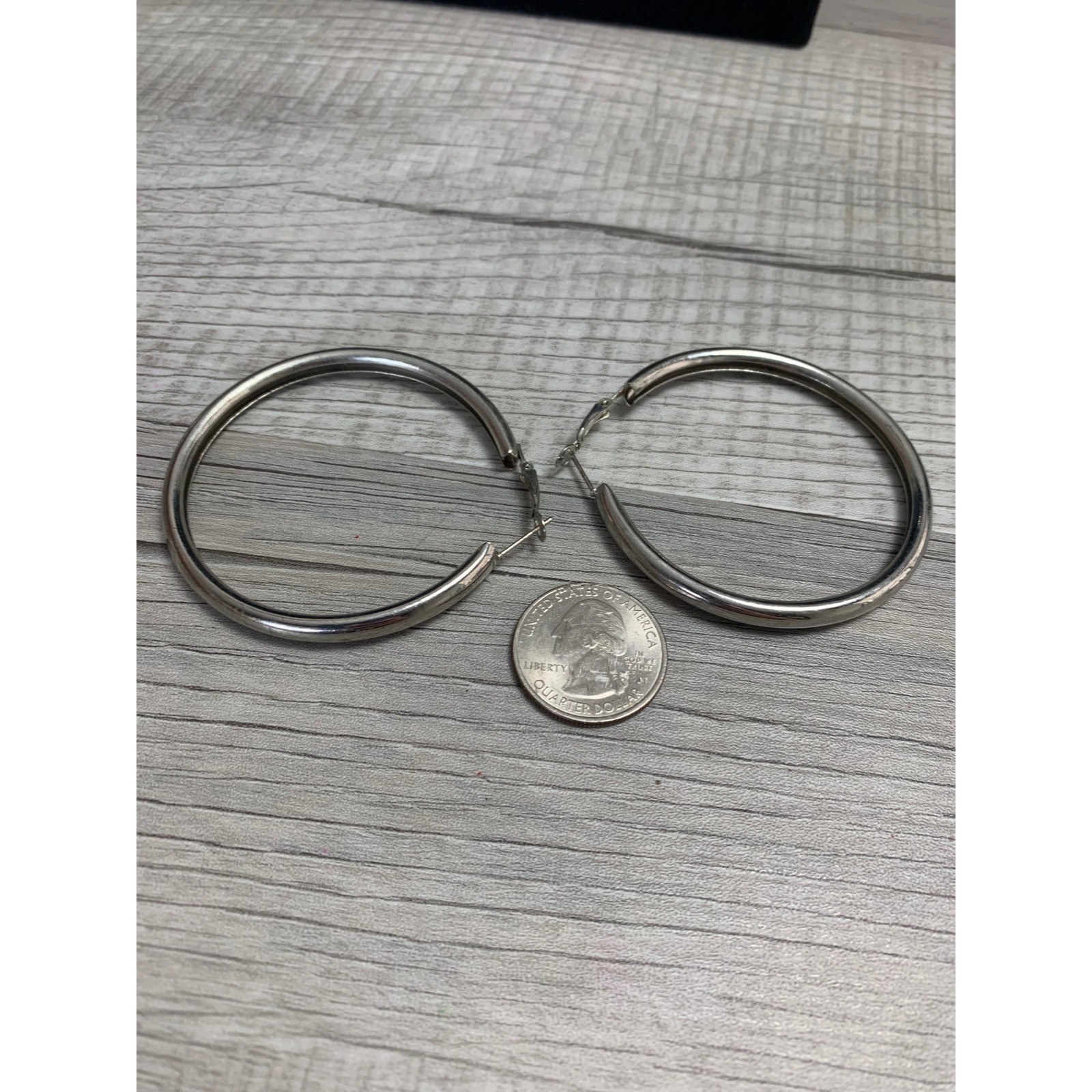 Large Silver Tone Hoop Earrings 2 Inch Round Tubular Latch Back Classic Jewelry