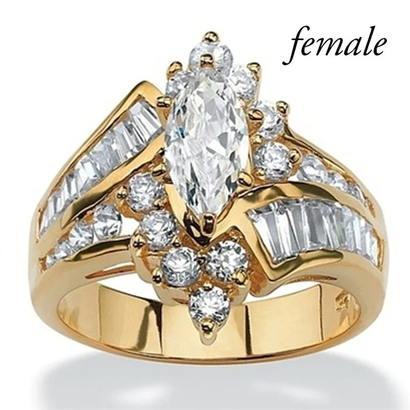 Stainless Steel Ring Marquise Cut Crystal Two Row Wedding Band Women Jewelry