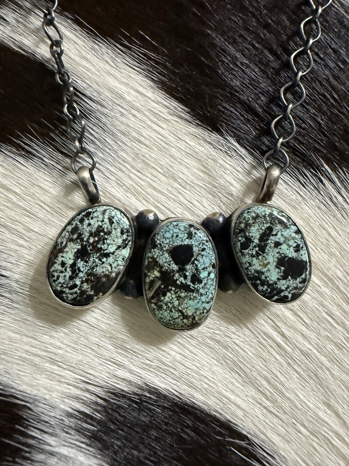Navajo made blackjack turquoise 3 stone bar necklace