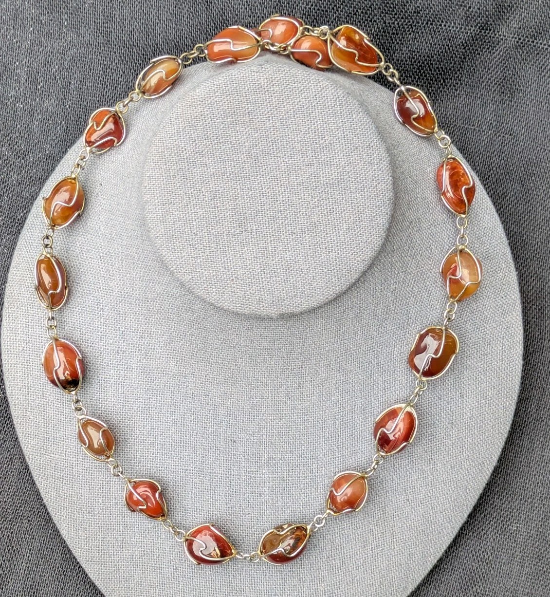 Wire Wrapped Tumbled Banded Agate 32.5″ Necklace ~ Red Orange Brown Gemstone F19