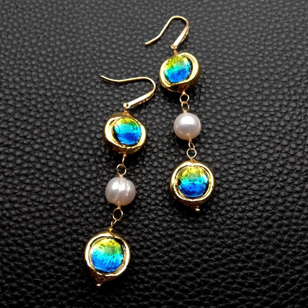 Freshwater Cultured White Keshi Pearl Blue Murano Glass DangleHook Earrings