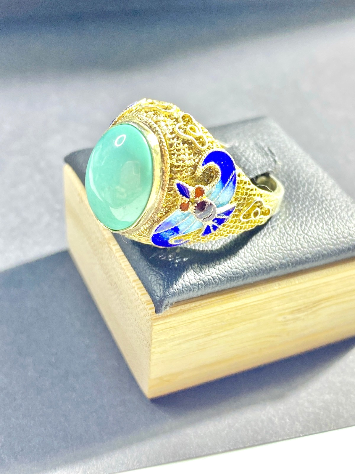 Vintage Chinese Export Silver Vermeil Turquoise & Enamel Adjustable Sized Ring