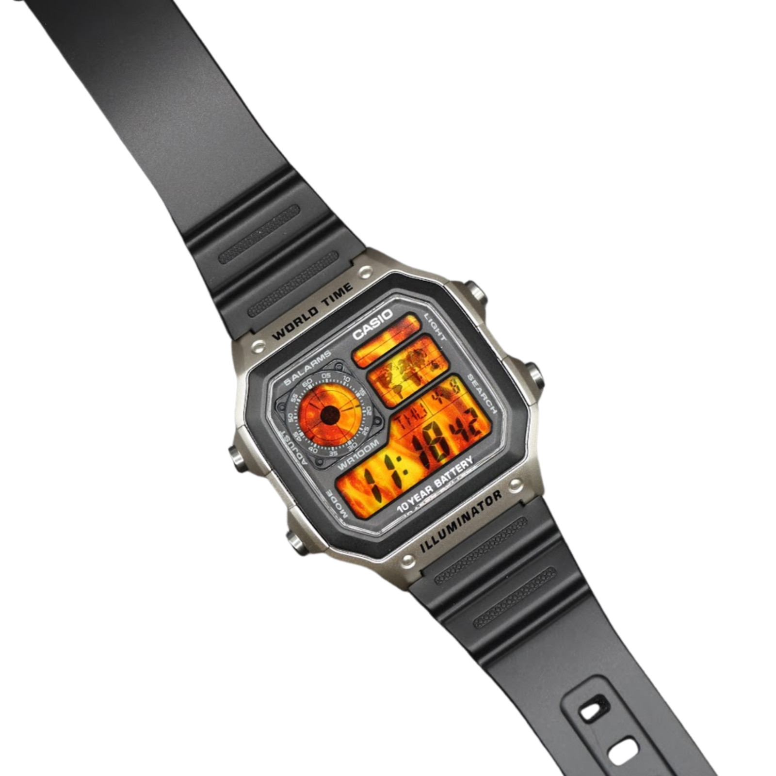 CASIO AE-1200WHD Royale World Time Watch Mod Flames Display