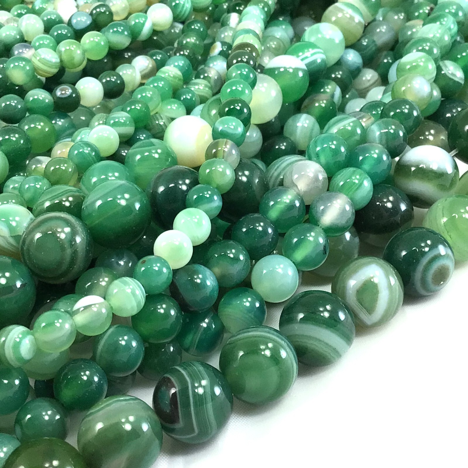 Gemstone Natural Evergreen Green Stripe Agate Round Loose Bead 15 Jewelry Making
