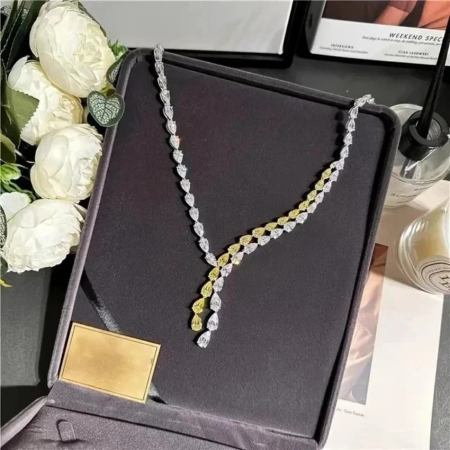 30Ct Pear Cut Lab Created Sapphire Women’s Tennis Necklace 14k White Gold Plated