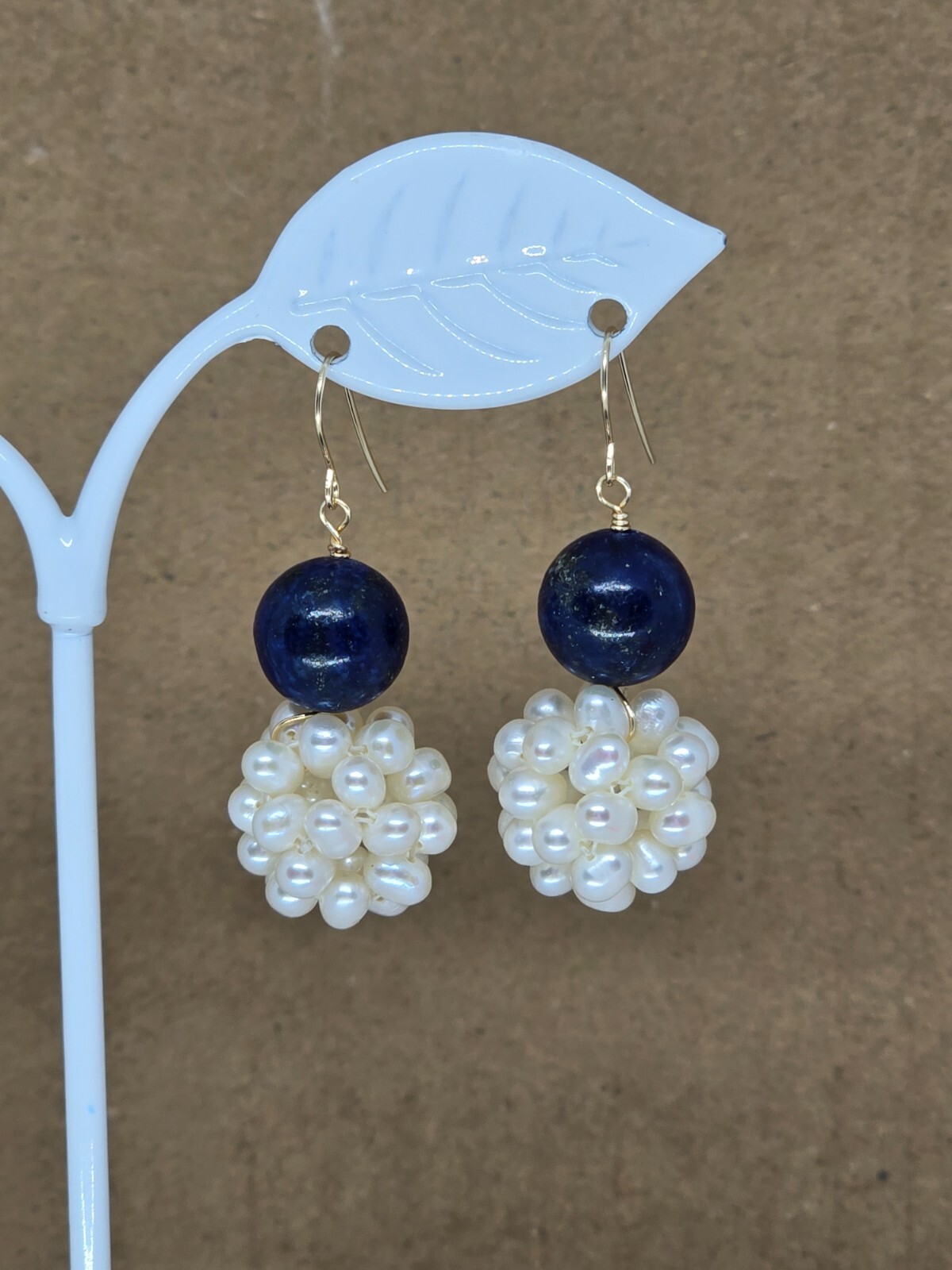 Lapis Lazuli and White Pearl Dangle Earrings 14k Yellow Gold or Sterling Silver