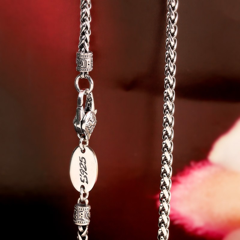 Men’s Thai Sterling Silver Spiga/Wheat Chain, 925, Reversible Lotus Tag Necklace