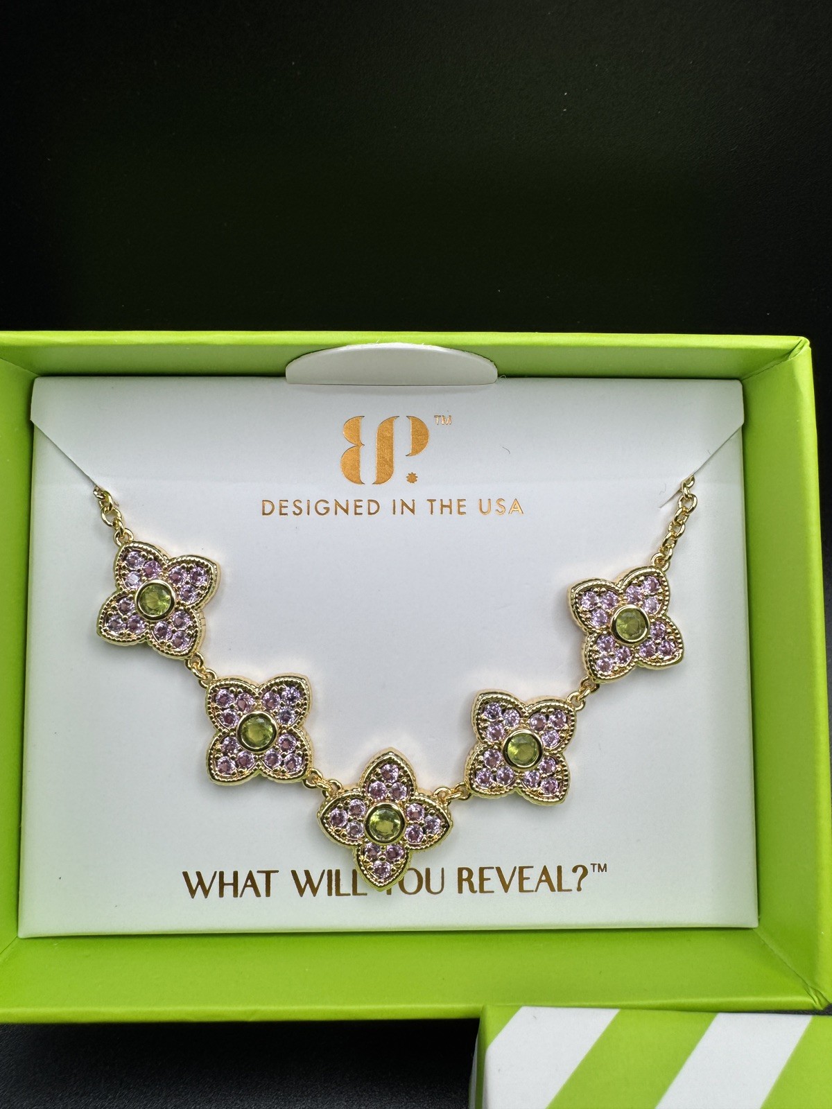 Bomb Party August Clover Necklace Happily Ever After Pink and Peridot on GOLD