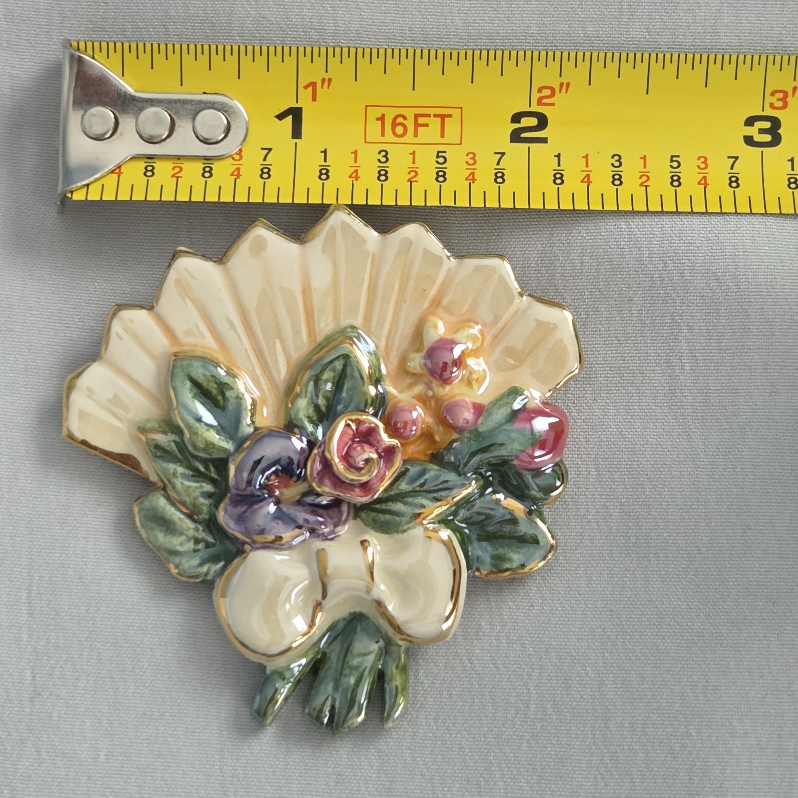Fan Shaped Brooch Enamel On Ceramic